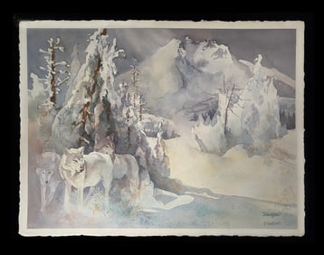 "Three Wolves in Winter" Northwest Painting by Doreen Lindstedt (1931-2022)