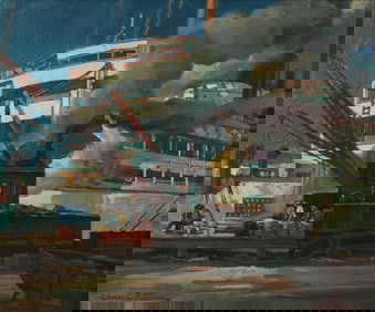 Einar Petersen (1885-1986) - Los Angeles Dock Scene Painting 1940