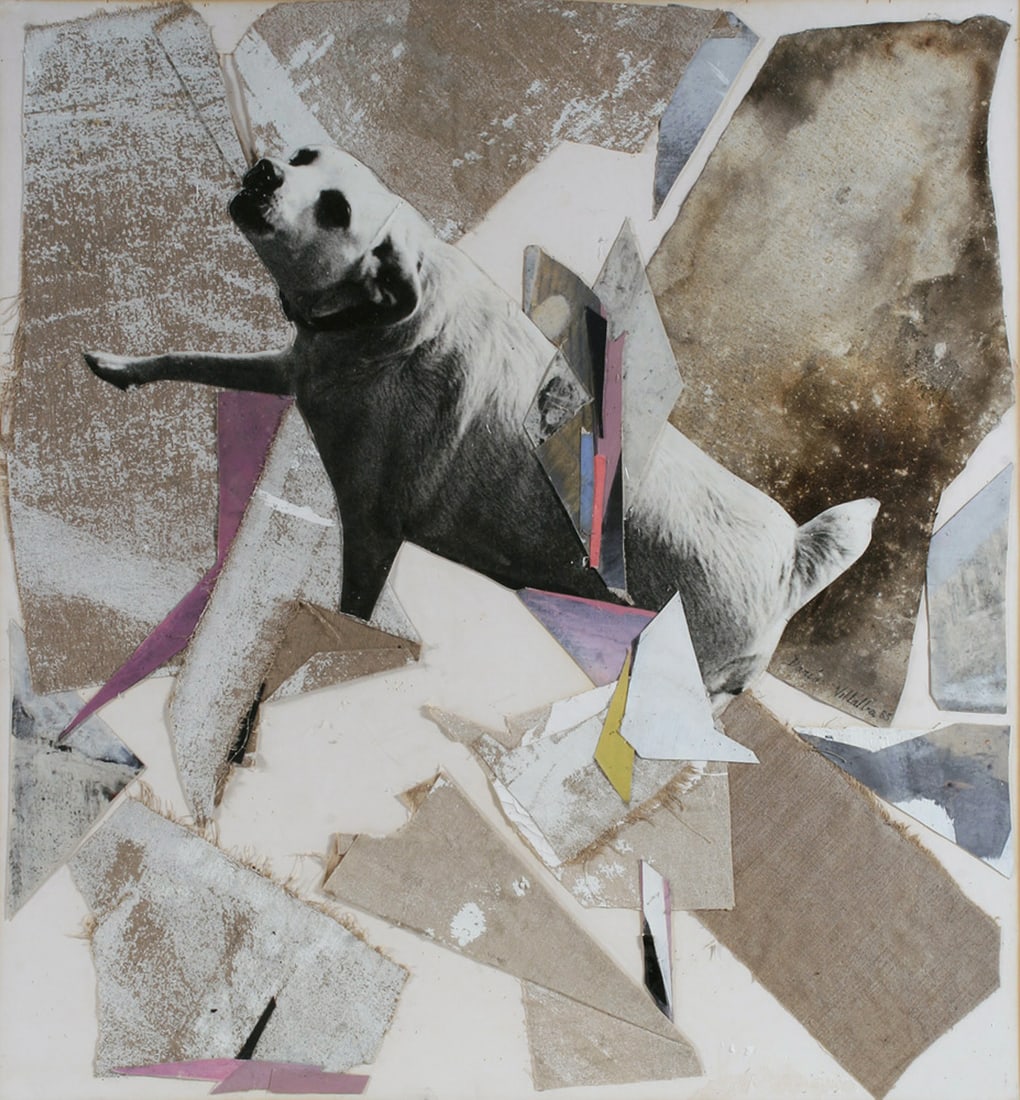 Dario Villalba (1939 - 2018) Abstract Painting & Photo Collage of a Dog: Large abstract painting with photo-collage by Dario Villalba (1939 - 2018). Oils, canvas, cut painted paper, and half-tone photograph. Mounted on illustration board. Unframed. Signed and dated, right