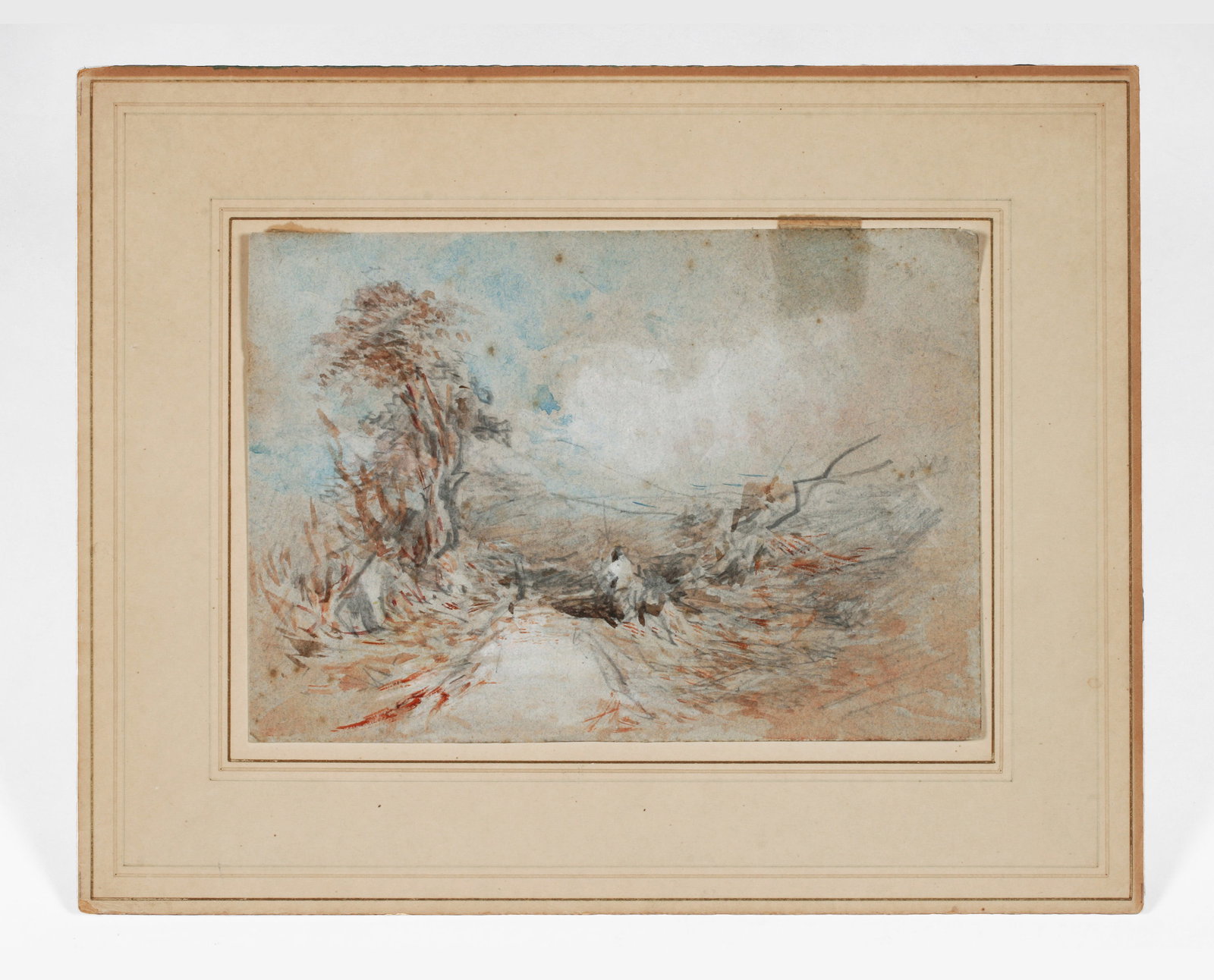 J.M.W. Turner (Attributed) Watercolor Circa 1840: "A Country Lane" attributed to J.M.W. Turner (1775-1851).Unsigned. (Attributed to Turner by Theodore Allen Heinrich). Watercolor, heightened with white, over pencil, on light gray-blue paper. Unframed