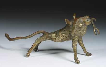 African Benin Fon Bronze Lion Sculpture - Early 20th Century