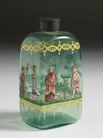 Early Enameled Glass Flask with Pewter Top