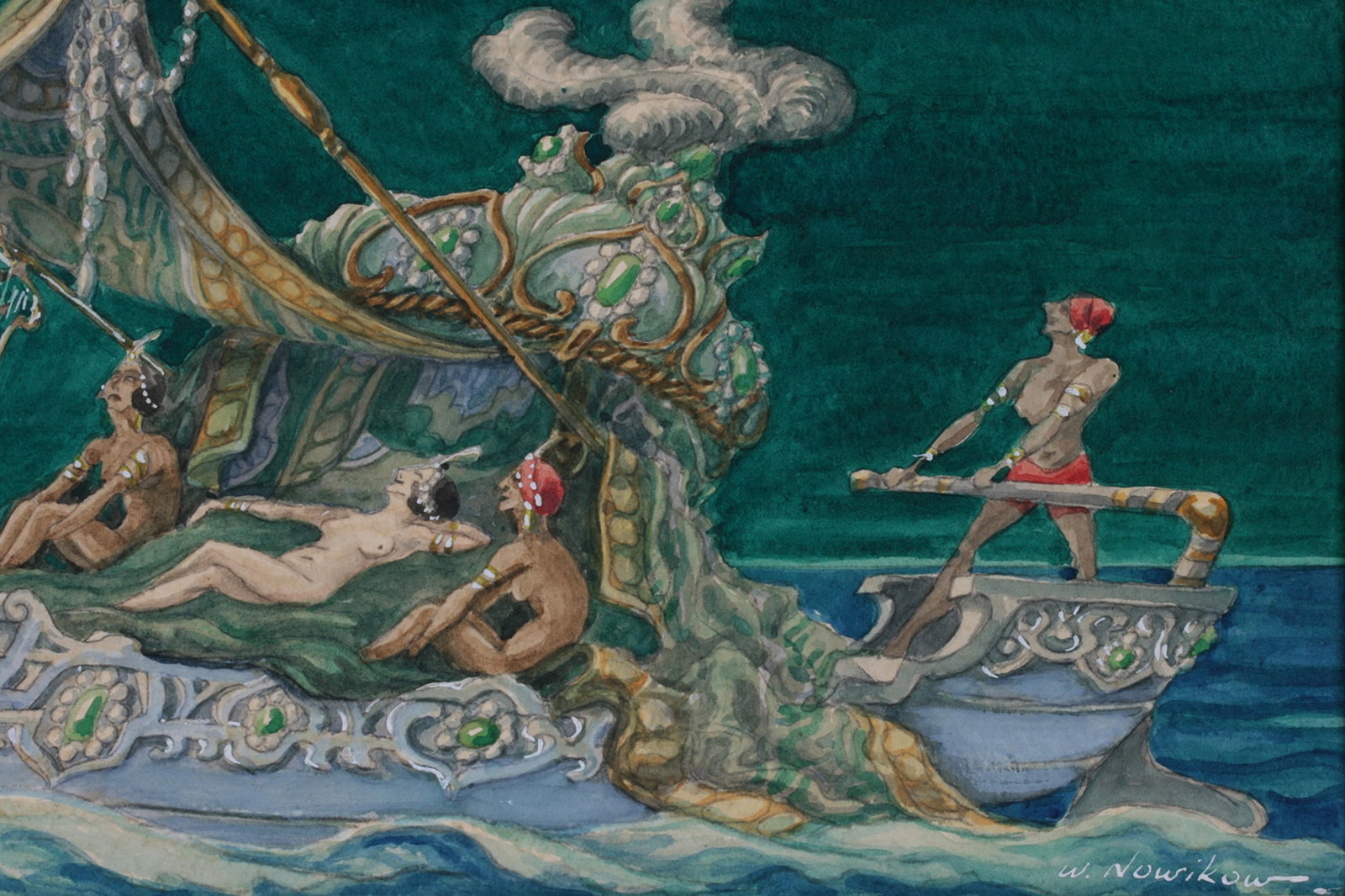 Russian Theatre Painting by Nowikow - Scheherazade - Diagilev, Nijinsky: Rare Russian theatrical painting by W. Nowikow. Watercolor and gouache on paper. Paper matte and framed (no glass). Signed by the artist lower right. Inscibed in Cyrillic on the reverse. W. Nowikow is