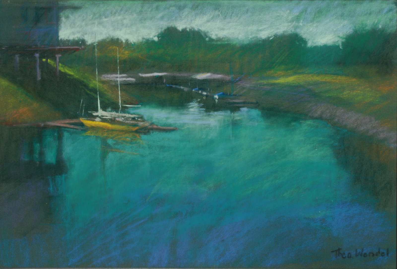 Theodore Wendel (1859-1932) American Impressionist Pastel Painting - 1910: A fine landscape by imortant American impressionist artist, Theodore Wendel (1859-1932). Circa 1910. Pastels on paperboard. Matted. Framed (no glass). Signed by the artist, lower right, "Theo. Wendel"