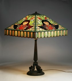 Handel Egyptian Revival Reverse-Painted Stained Glass & Bronze Table Lamp - Signed