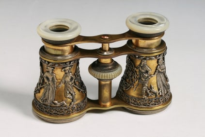 French Opera Glasses Gilt Brass - Ornate Silver Figural Designs