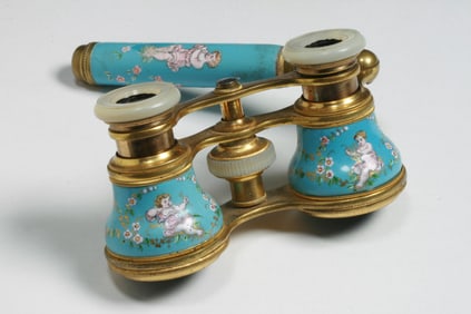 French Blue Enameled Opera Glasses - Angels & Music Design - Circa 1900