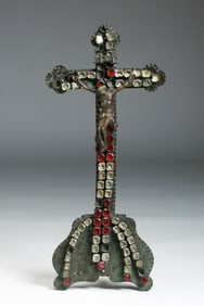 Early Spanish Colonial Hammered Metal Crucifix with Jewels