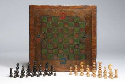 Arts & Crafts Copper & Wood Chess Set - Circa 1910