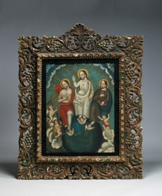 Large Spanish Colonial Retablo - Mexican 19th Century - Holy Trinity with Angels