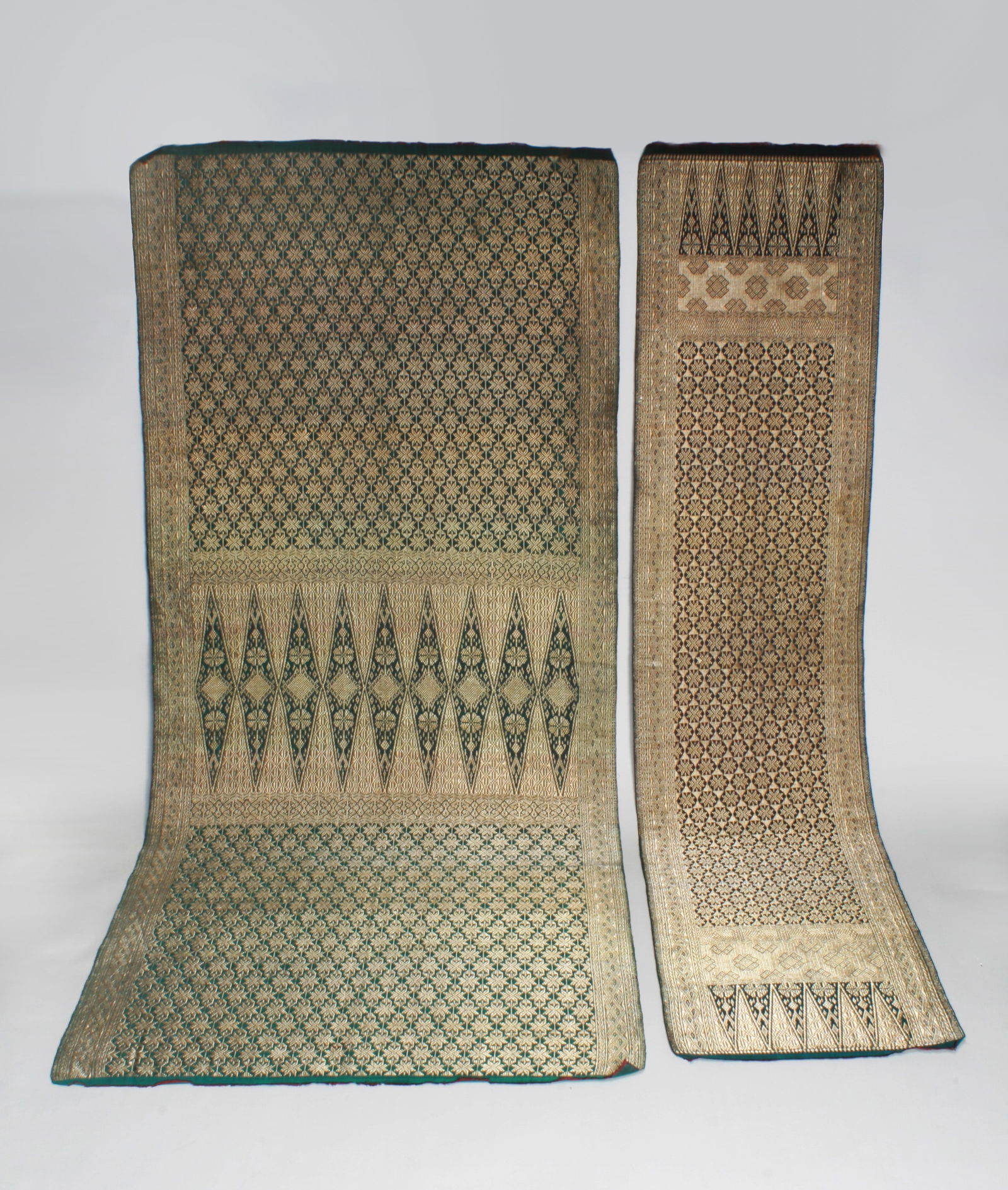 Fine Indonesian Silk & Gold Songket with Shoulder Cloth - Java: Beautiful old Indonesian Songket with matching shoulder cloth (two pieces). Woven with fine red and green silk and decorated with traditional thick gold geometric designs. Finely woven silk with about
