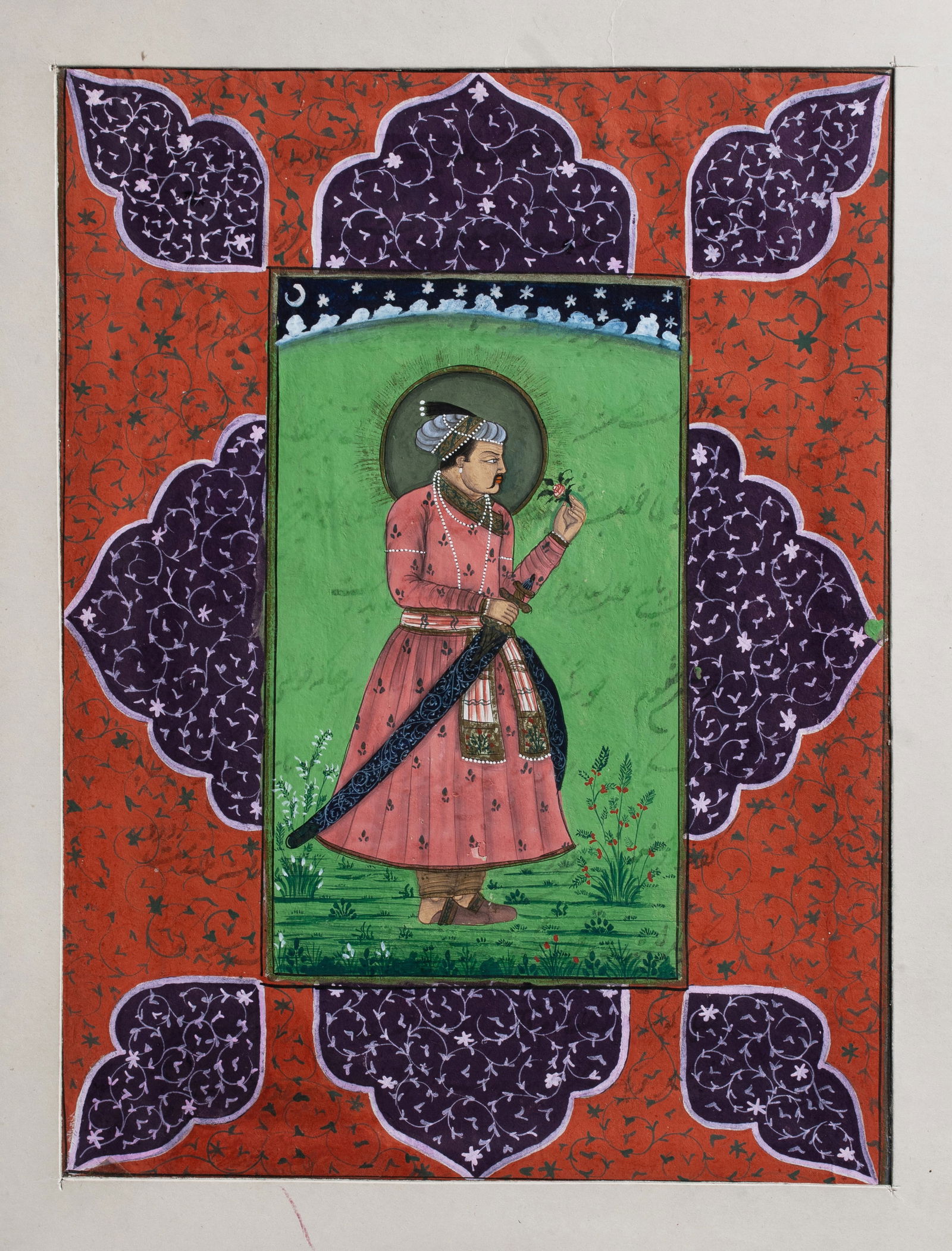 Mughal Miniature Painting - Shah Jahan with Rose - India 19th C. (1 of 8)