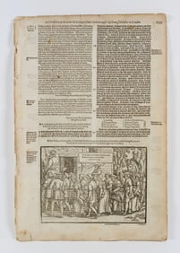 John Foxe - Four Early Printed Book Pages with Woodcut - 1576