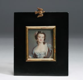 French Minature Painting by Andre Rene - Lady with Pearls - 19th Century