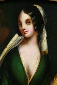 French Miniature Painting on Tin - Lady Playing a Lute 1840