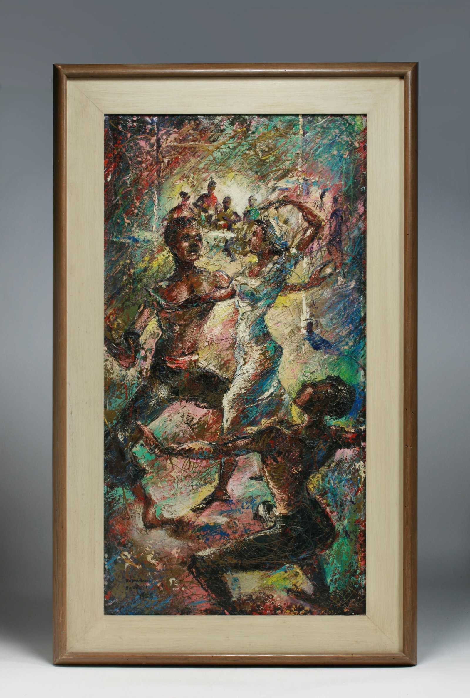 Raymond Howell (1931-2002) "Dancers" Painting 1955 - Black American Artist: A large modernist-expressionist oil painting by well-listed African-American artist, Raymond Howell. An early work (dated 1955) this painting is complex in subject, composition, perspective and meanin