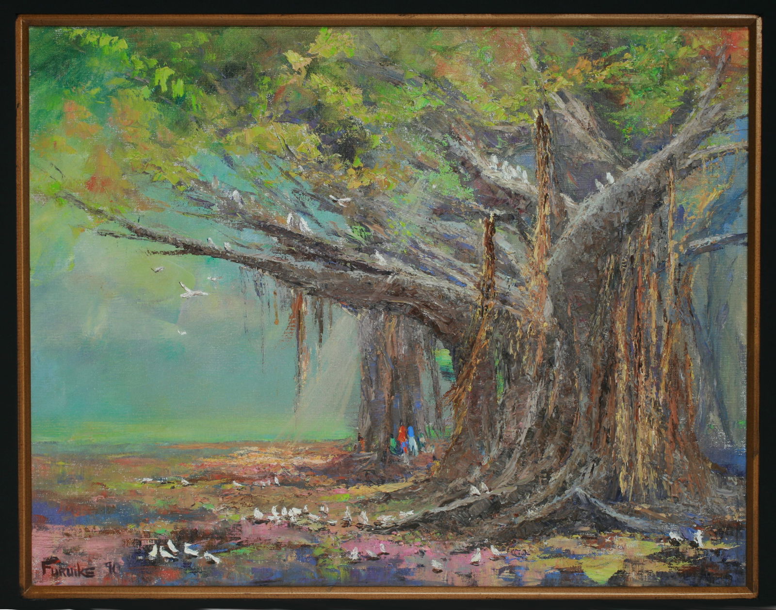 Ed Furuike (1944 - ) Hawaiian Painting of a Zoo Banyan Tree, Honolulu: Large Hawaiian painting by American artist, Ed Furuike (1944 - ). Oil on canvas. Framed. Signed and dated lower left, Furuike 1991. Inscribed and signed on the reverse by the artist, "Zoo Banyan - Ed