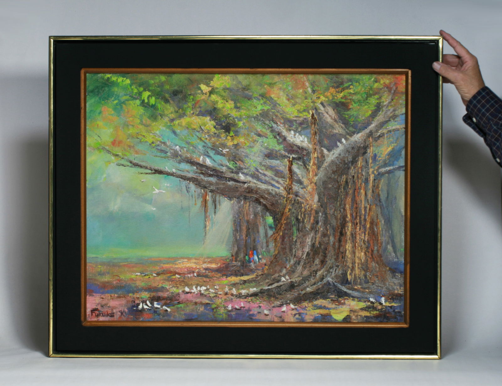 Ed Furuike (1944 - ) Hawaiian Painting of a Zoo Banyan Tree, Honolulu - 2