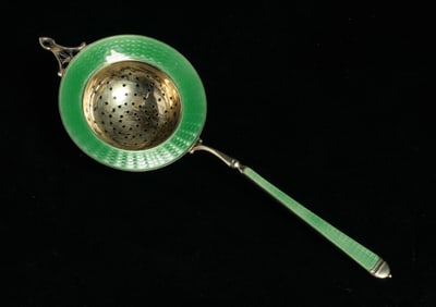 Antique Sterling & Guilloche Enamel Tea Strainer