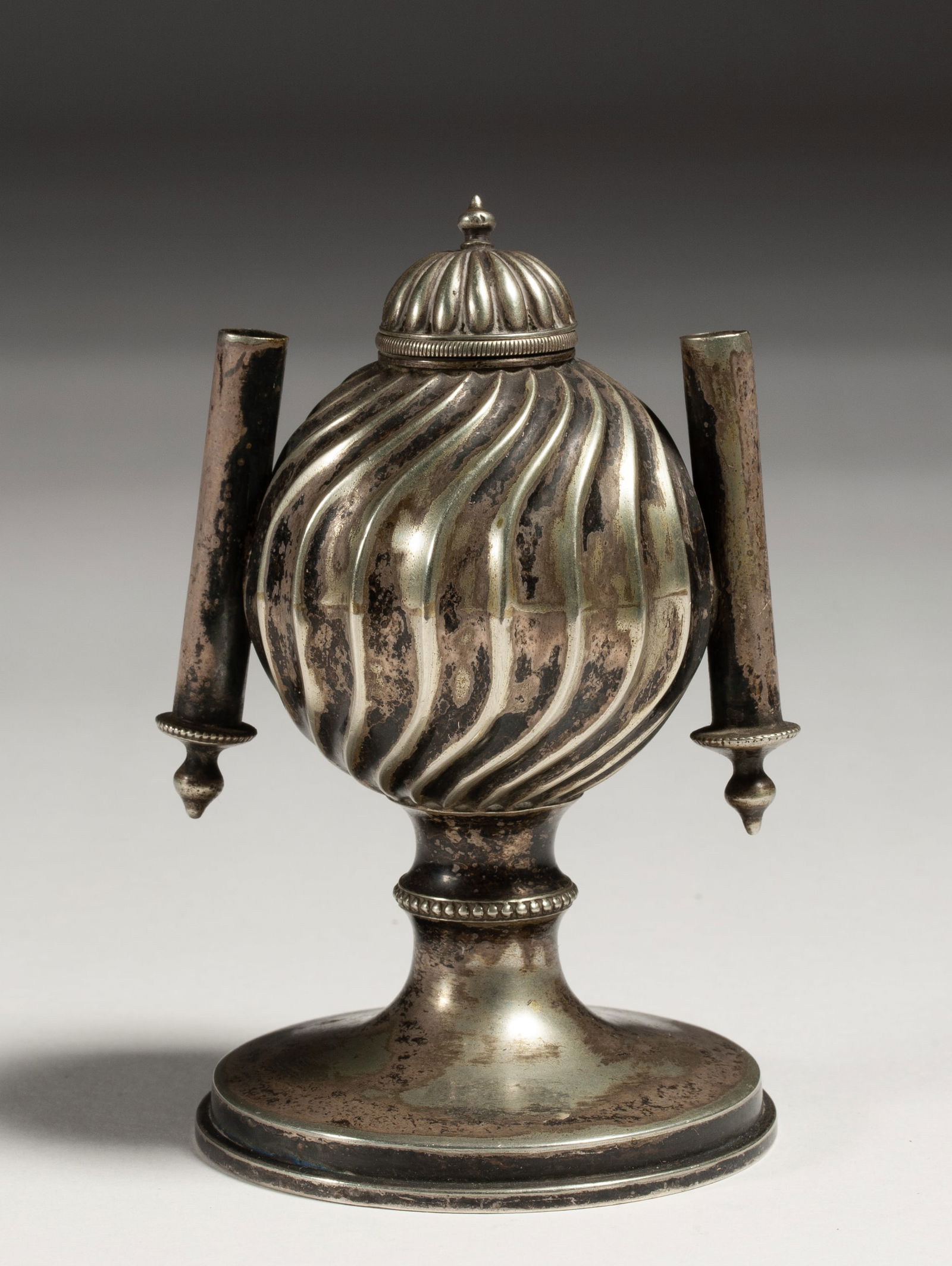 Victorian - Edwardian Silver Cigar Lighter - Electro Potosi: Early Arts & Crafts design electro-plated silver cigar lighter made by The Potosi Silver Company of Birmingham, England. Circa 1890 - 1910. Circular base with a globe-shaped body decorated with