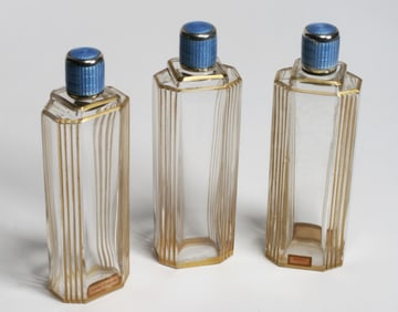 Three French Art Deco Glass Perfume Bottles - Silver & Enamel Tops