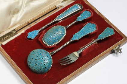 Imperial Russian Silver & Enamel Tea Set by Nikolay Strulev 1890's