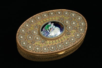 French Gilded Powder Jewelry Box with Pearls and Limoges Enamel
