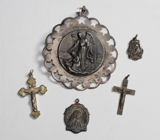 Five Antique Silver Christian Jewelry Items