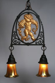 Oscar Bach Wrought Iron Arts & Crafts Hanging Lamp - Steuben Shades