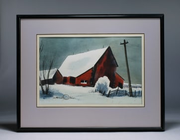 Fred Ochi (1915-2007) Japanese American Artist - Red Barn, Idaho