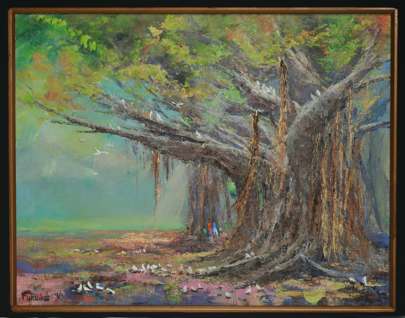 Ed Furuike (1944 - ) Hawaiian Painting of a Zoo Banyan Tree, Honolulu: Large Hawaiian painting by American artist, Ed Furuike (1944 - ). Oil on canvas. Framed. Signed and dated lower left, Furuike 1991. Inscribed and signed on the reverse by the artist, "Zoo Banyan - Ed
