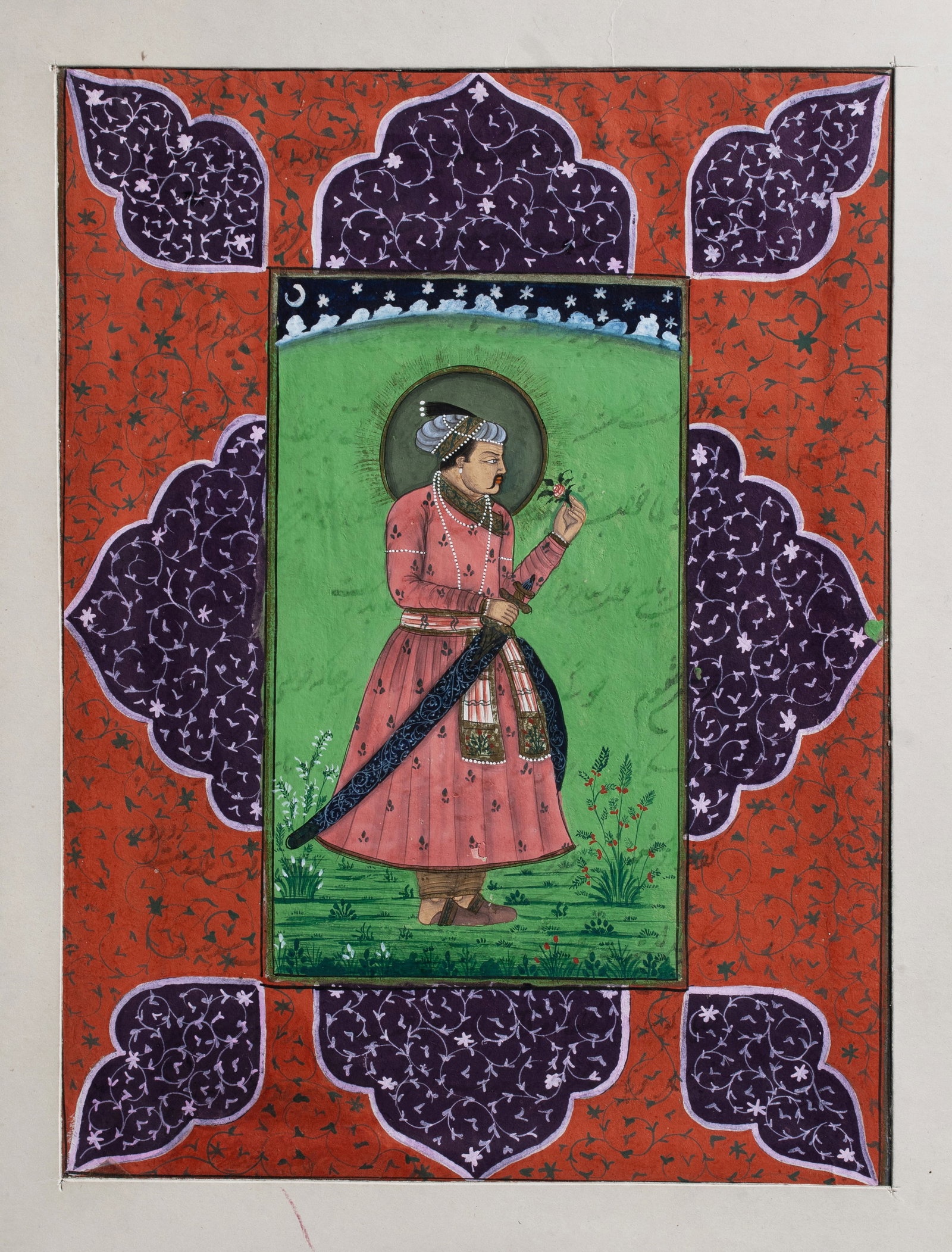 Mughal Miniature Painting - Shah Jahan with Rose - India 19th C. (1 of 8)