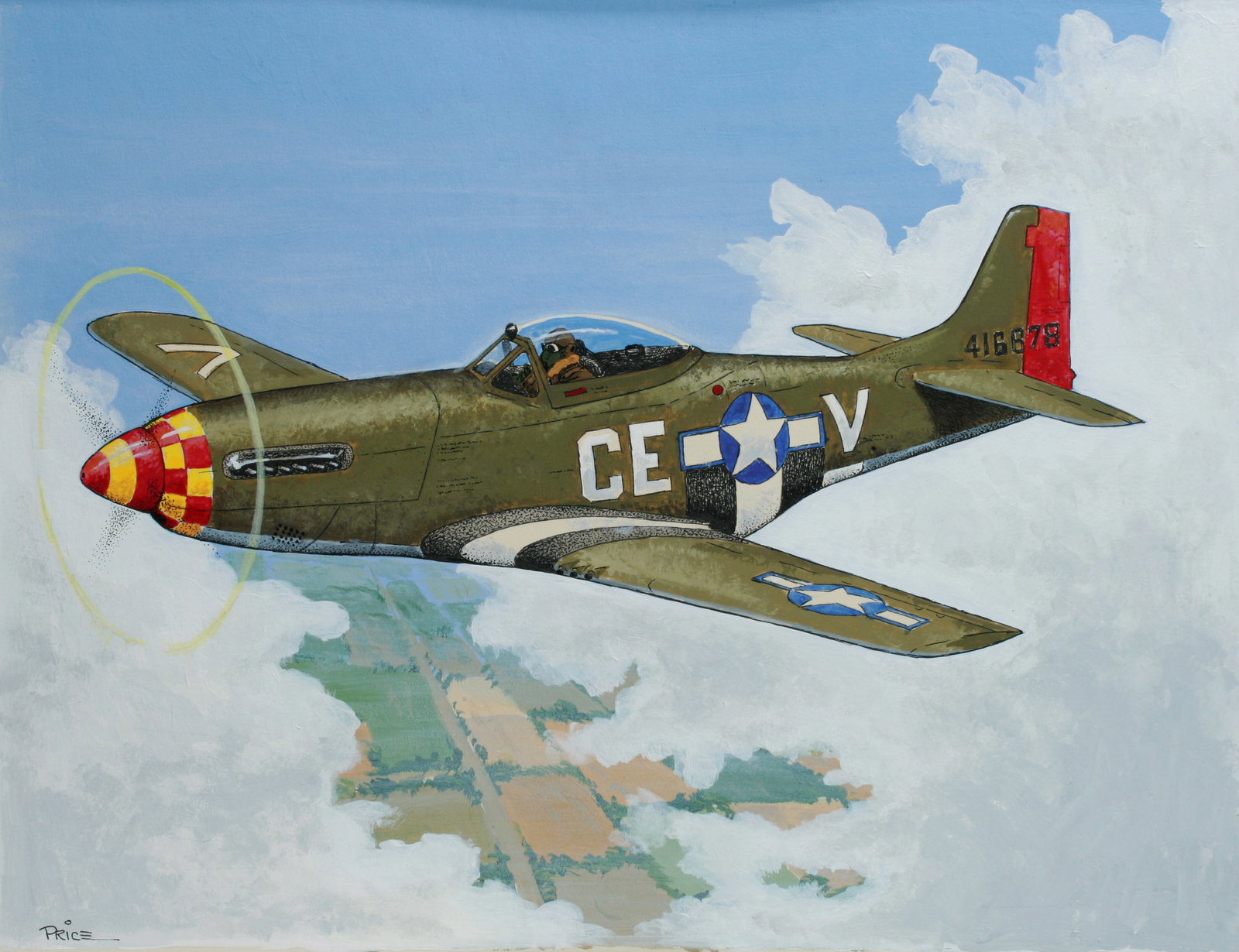 American Military P-51 Fighter Plane Painting Signed Price (1 of 9)