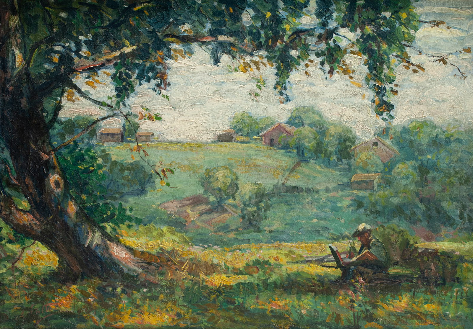 Frederick William Kost (1861- 1923) American Impressionist Landscape: Frederick William Kost (American, 1861- 1923). Impressionist landscape painting with a man painting or drawing under a tree (possibly a self portrait). Circa 1910. Oil on canvas. Framed. Signed lower