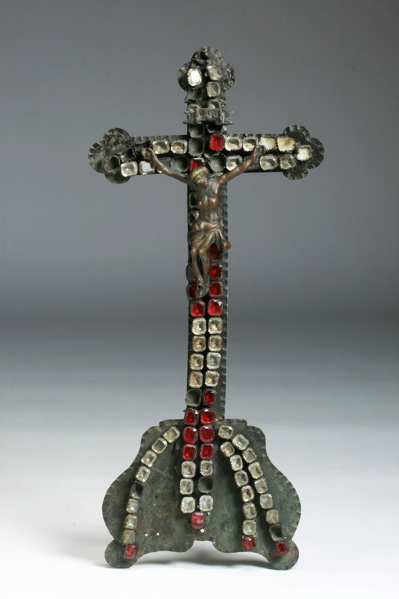 Mexican Spanish Colonial Jeweled & Hammered Brass Crucifix (1 of 13)