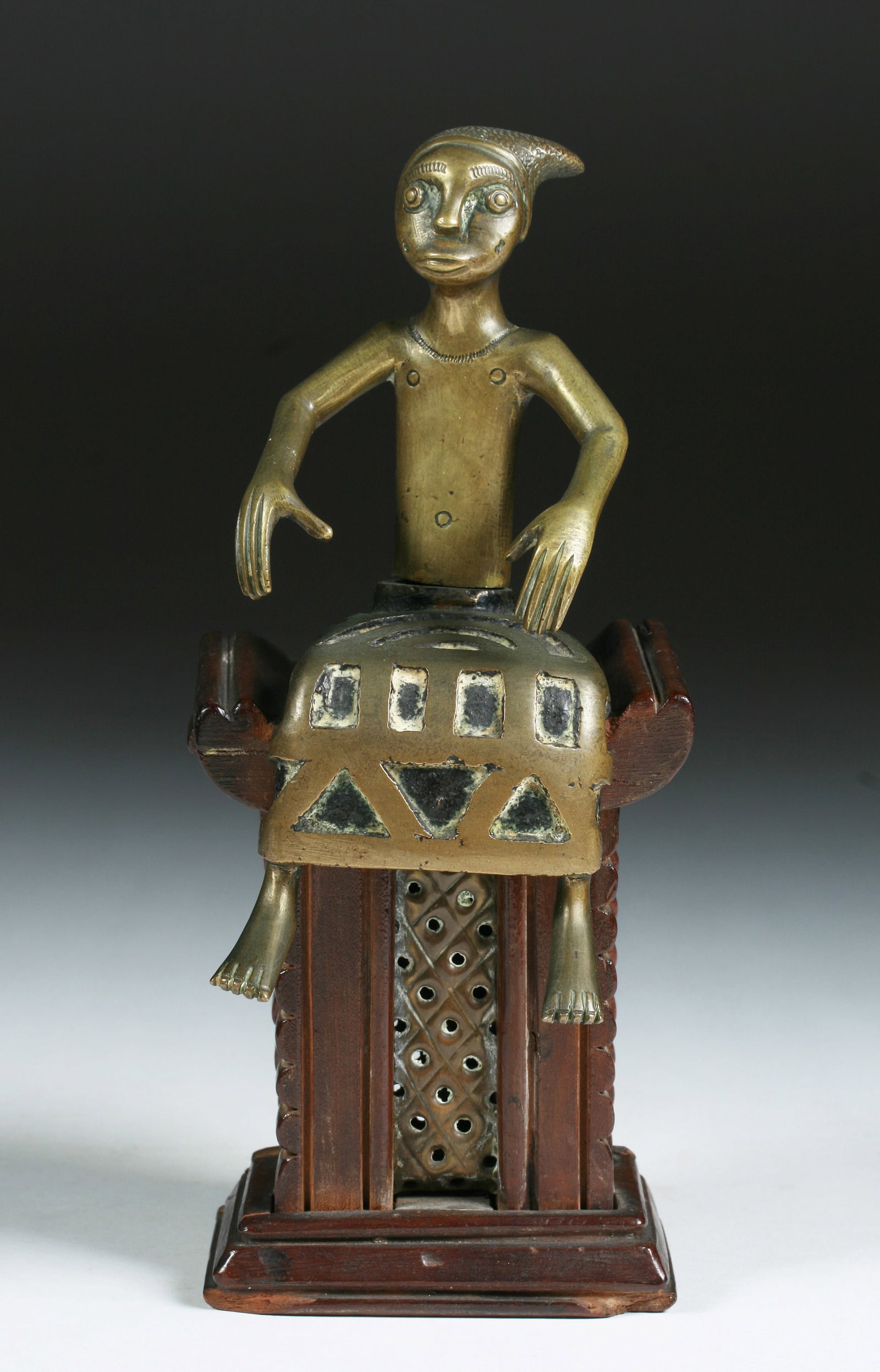 African Fon Tribal Bronze Sculpture - Figure on a Wood Throne (1 of 12)
