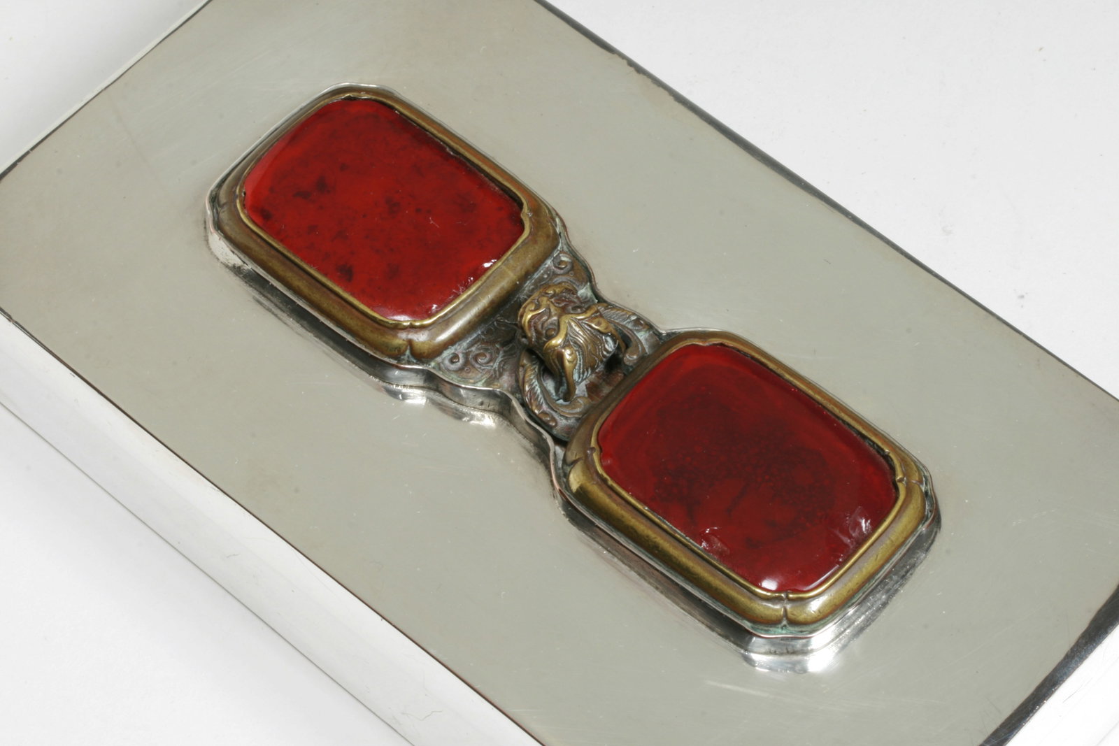 Antique Chinese Bronze Buckle on Silver-Copper Desk Box (1 of 7)