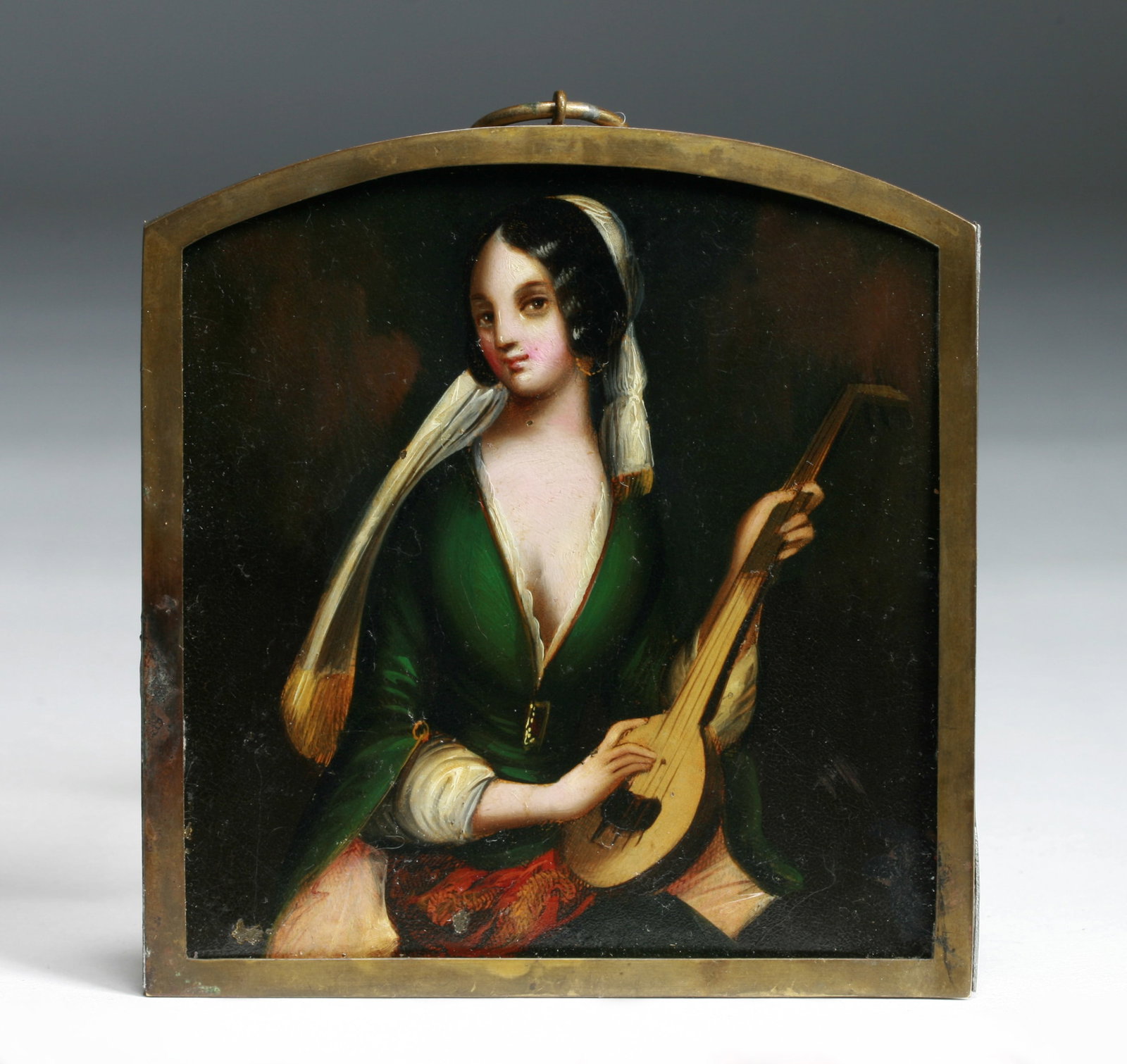 Antique French Miniature Painting on Tin - Lady Playing a Lute (1 of 10)