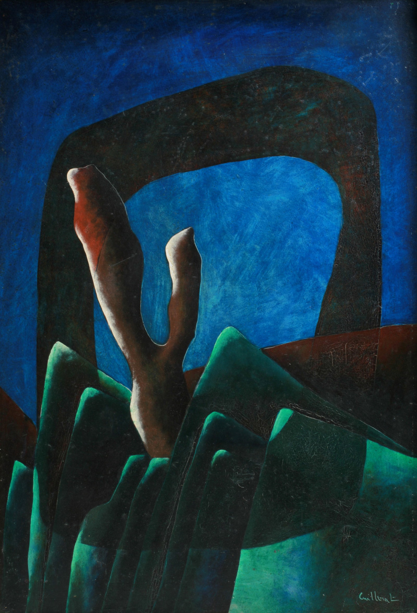 Jean Cuillerat (1927-1998) French Surrealist Painting: A Surrealist painting titled "Voute Celeste" by French artist Jean Cuillerat (1927-1998). Circa 1990's - 1970's. Oil on canvas. Framed. Signed on the front, lower right. "Cuillerart". Signed and title