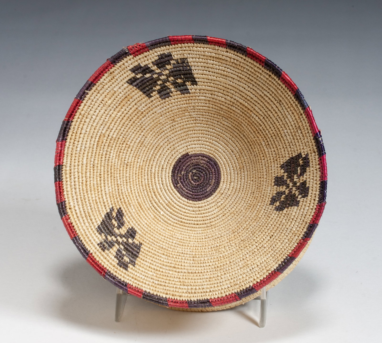 Finely Woven Alaskan Aleut Yupik Basket - Native American: Vintage Native American pedestal basket, finely woven and from Alaska. Early to mid 20th century. Probably Aleut or Yupik. Tight weave (18 stitches to the inch, horizontally at the butterfly design ar