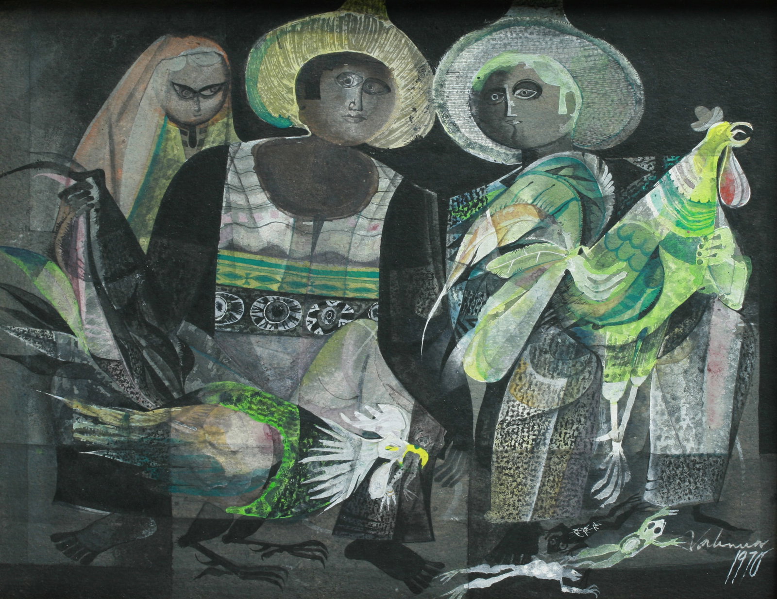 Mexican Modernist Painting 1970 by Alizandro Valencia Manzo: Mexican painting by Alizandro Valencia Manzo (b.1930). A modernist composition depicting figures in native dress, with roosters. Watercolor and gouache on board. In a fine Mexican carved wood frame. N