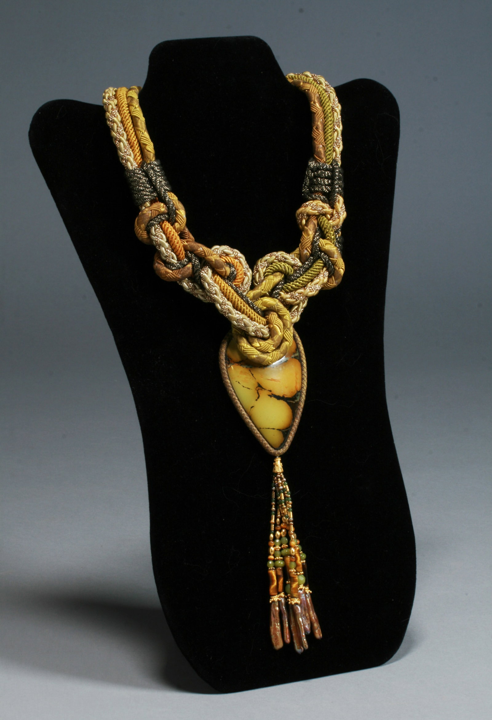 Alex & Lee 'Peace & Love' Art Necklace - 1970's - #2: Fine vintage handmade necklace by Alex & Lee. Circa 1970's. From a New York City, Upper East Side estate collection. This necklace features a woven cord necklace with a large antique yellow varegated 