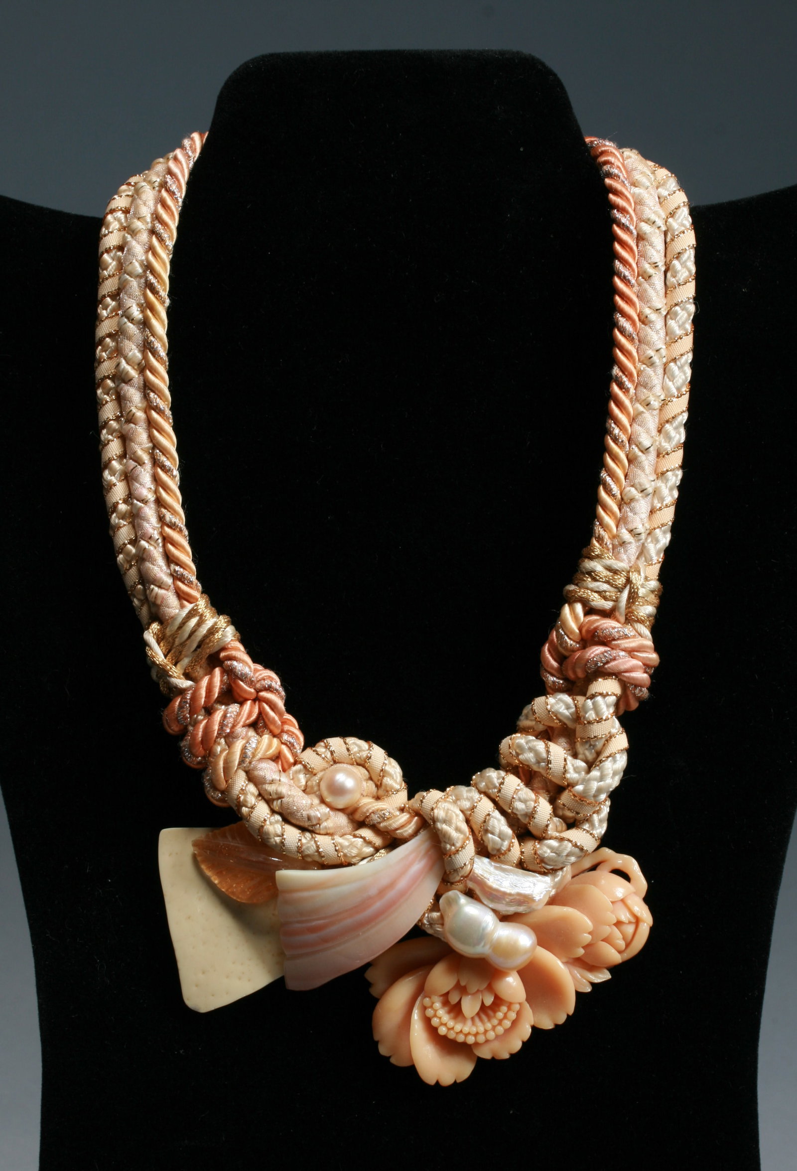 Alex & Lee 'Peace & Love' Art Necklace - 1970's - #3: Vintage handmade necklace by Alex & Lee. Circa 1970's. From a New York City, Upper East Side estate collection. This pink motif necklace features a woven cord with sea shells, real pearls, carved cora