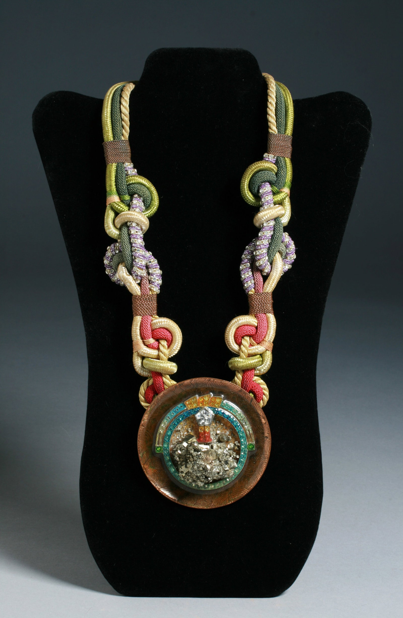 Alex & Lee 'Peace & Love' Art Necklace - 1970's - #4: Fine vintage handmade necklace by Alex & Lee. Circa 1970's. From a New York City, Upper East Side estate collection. This necklace features a woven cord with rhinestones necklace a large antique engra