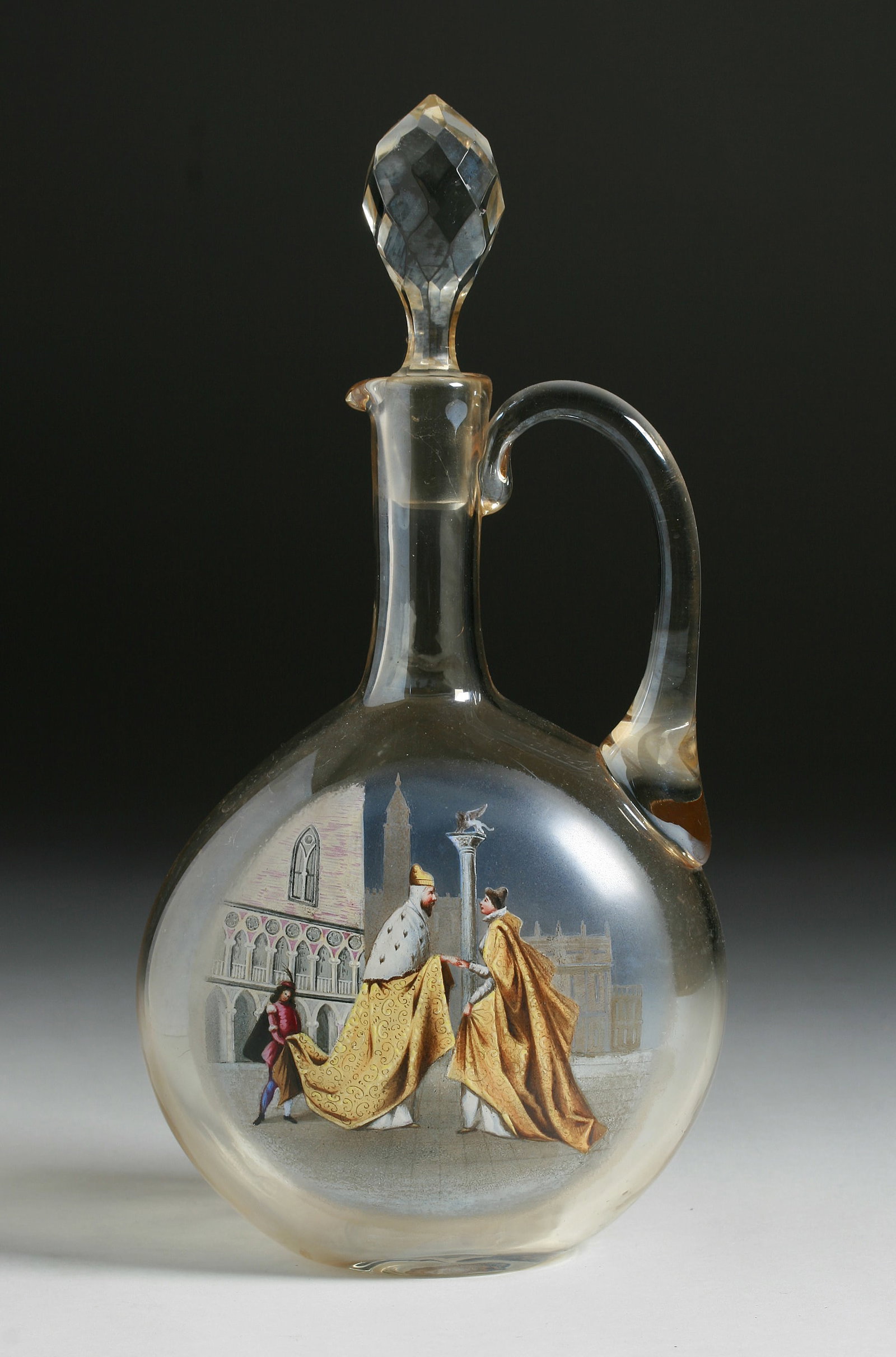 Venetian Glass Wine Carafe with Painted Enamel Scene - 19th Century: Venetian blown glass wine carafe. Mid to late 19th Century. Clear glass decorated with a finely painted Venetian scene depicting the Doge, wearing an Ermine cape, taking the hand of his Dogaressa, bot