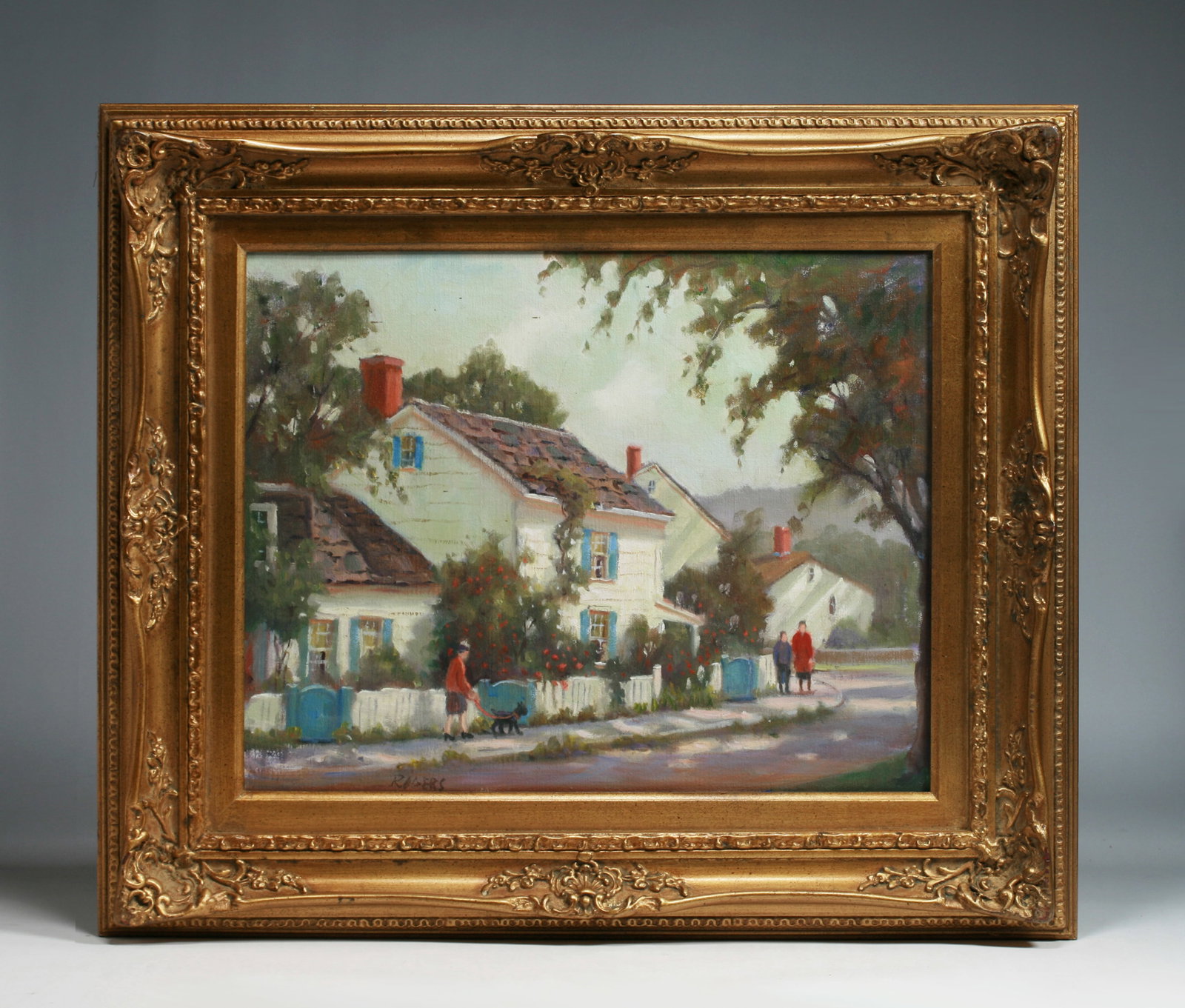 Joseph Harris Rogers (1914-2002) New England Impressionist Painting: A fine New England impressionist street scene by Joseph Harris Rogers. Mid 20th century. Oil on canvas. Framed. Signed lower left. The painting depicts a view of people walking in an old Rockport, Mas