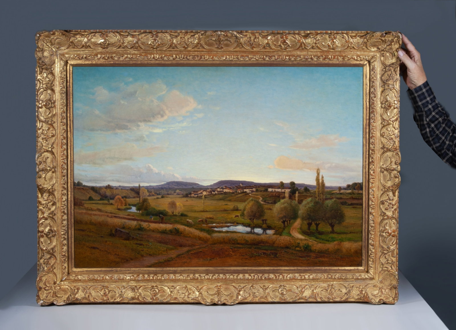 Jean Monchablon (1855-1904) French Impressionist Landscape 1885: Large impressionist landscape by Jean Ferdinand Monchablon (1855-1904). Circa 1885. Oil on wood panel (cradled). Signed on the front, lower right, "Jan Monchablon". Inscribed on reverse in the artist'