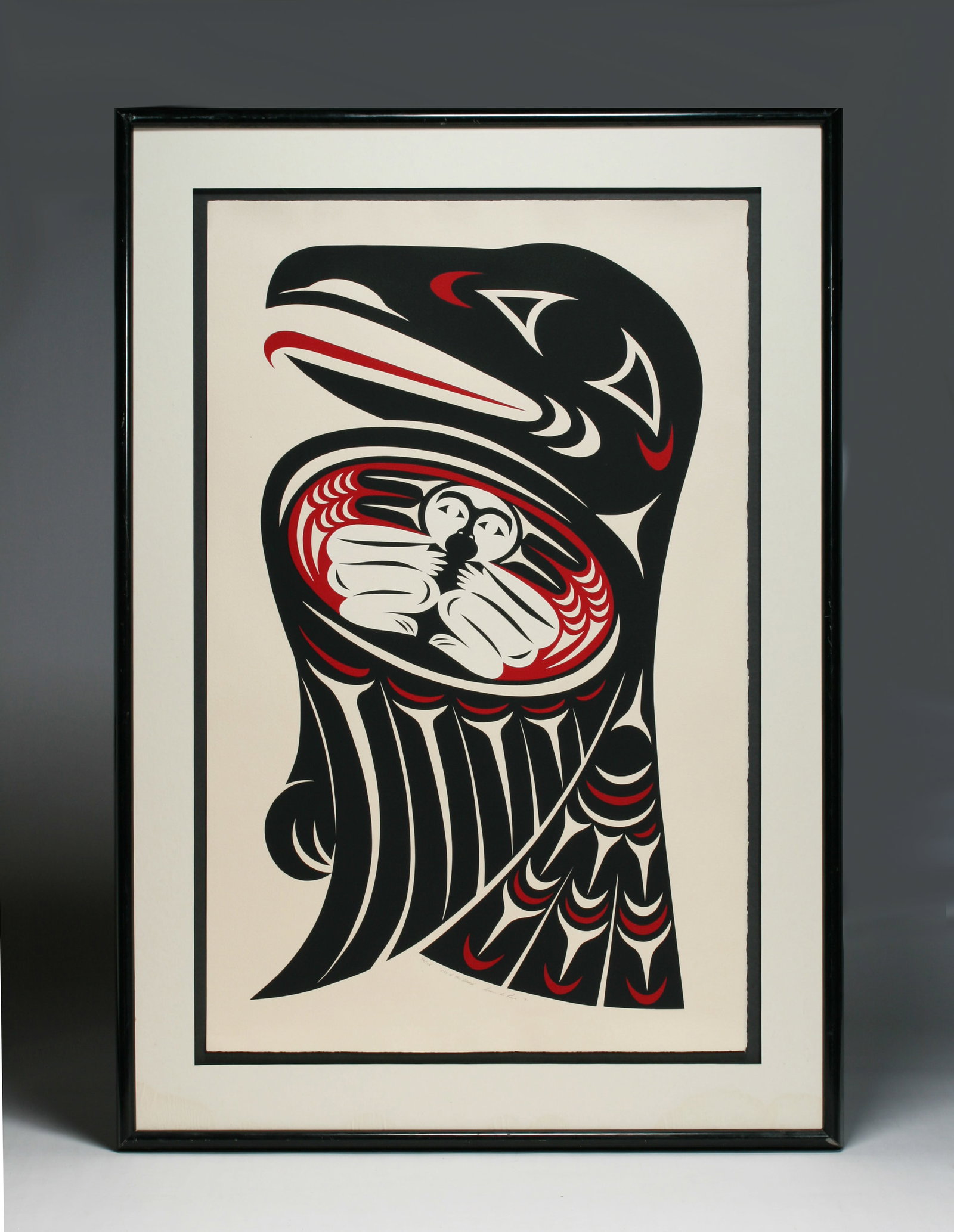 Northwest Coast Native American Serigraph by Susan Point (born 1952): "Cry of the Raven" A fine and large had-screened serigraph by Susan Point (born 1952), an important Northwest Coast Canadian artist. Serigraph on thick archival paper stock. Signed, dated and titled i
