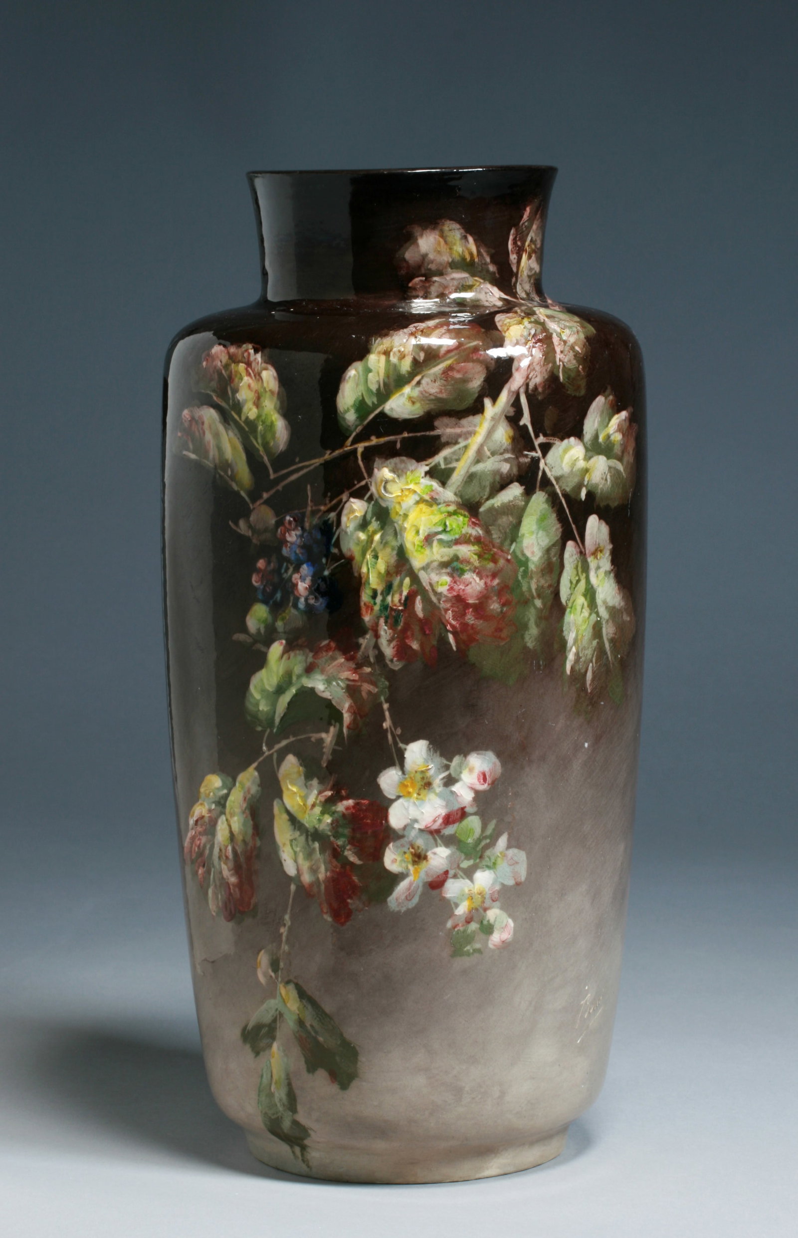 Large French Impressionist Barbotine Vase by Albert Boue - 1880's: Large 19th century French barbotine faience vase with Impressionist painting of flowers by well-known artist Albert Boue (1862-1918). Produced at the Atelier de Eugene Schopin at the Montigny-sur-Loin