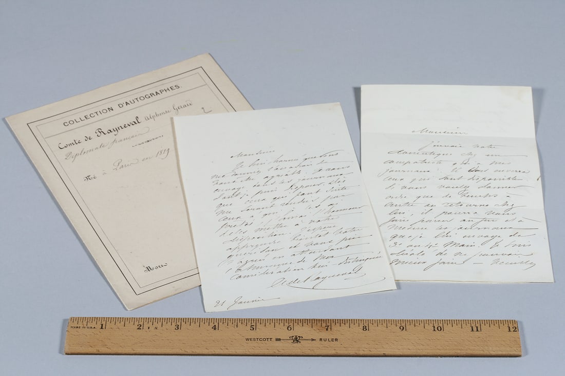 Signed Letter by Comte de Rayneval 1849: Handwritten signed Letter by Comte Alphonse Gerard De de Rayneval (French 1815-1858). Two page handwritten letter contained in a notated collection folder. Ink on paper with broken wax seal SIZE: " x 